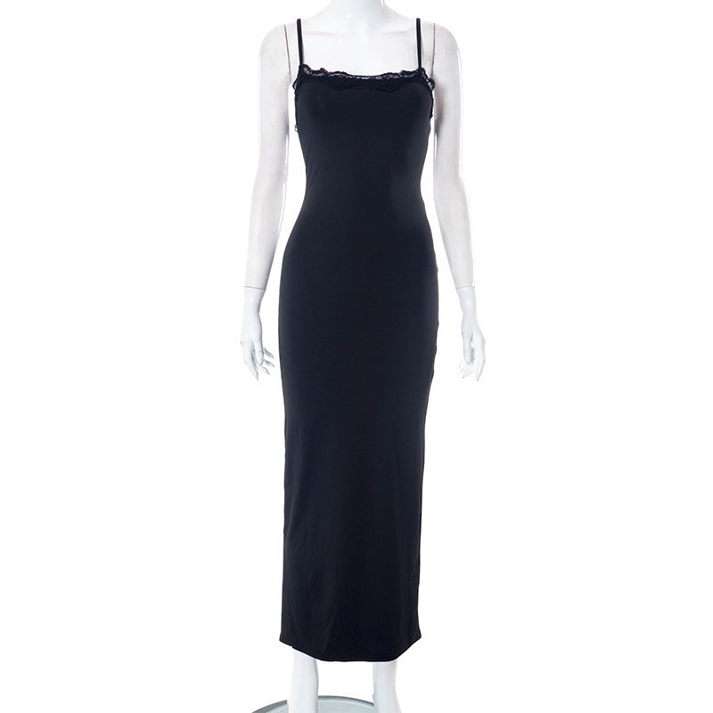 Women's Summer New Solid Color Casual Lace Backless Strap Slim Long Dress