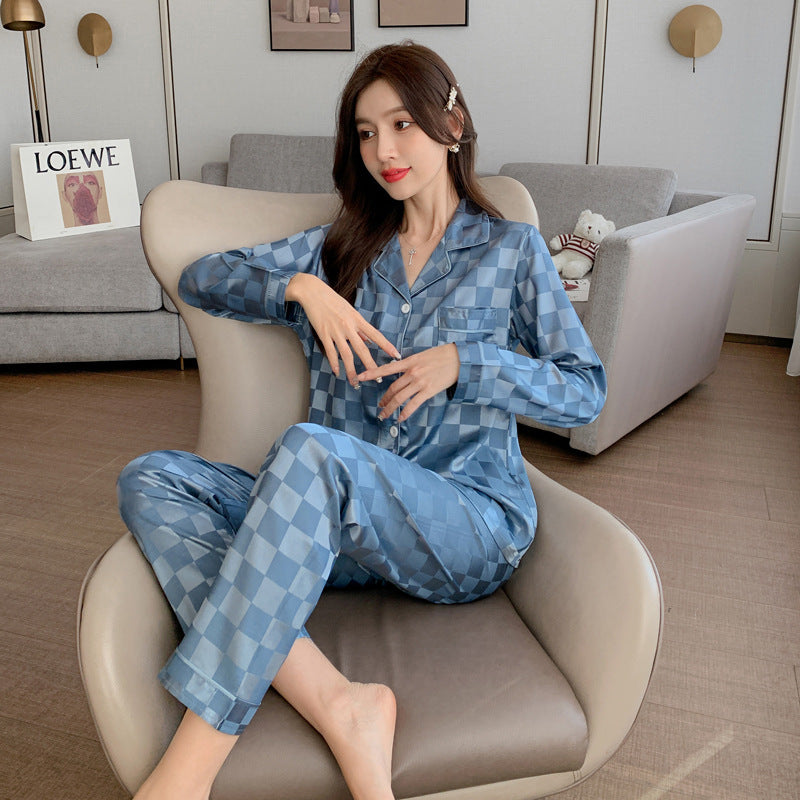 Women's Fashion Jacquard Plaid Ice Silk Home Wear Suit