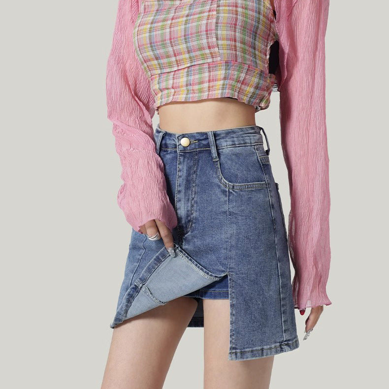 High-Waisted Distressed Denim Mini Skirt – Women’s Zipper Button Hip Skirt Casual Streetwear
