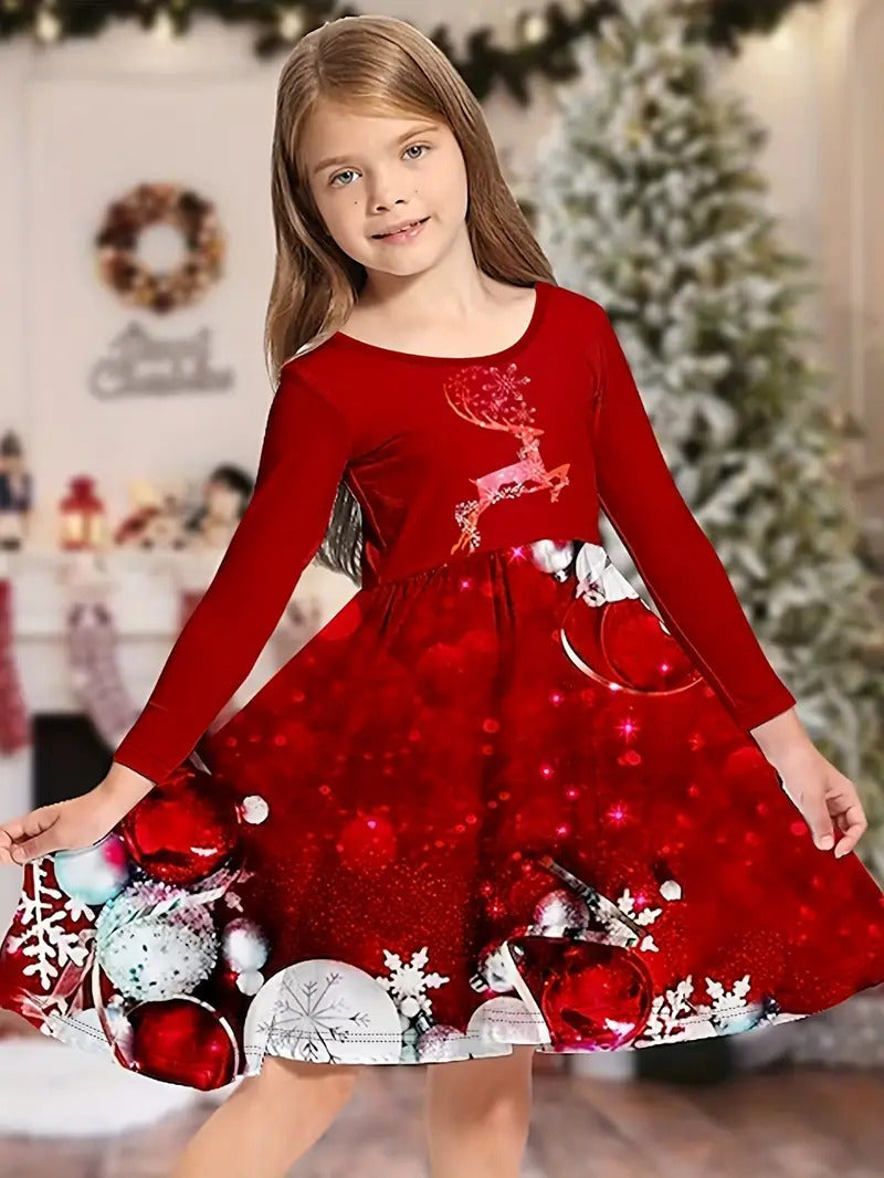Girl's Long-sleeved Dress Christmas Deer