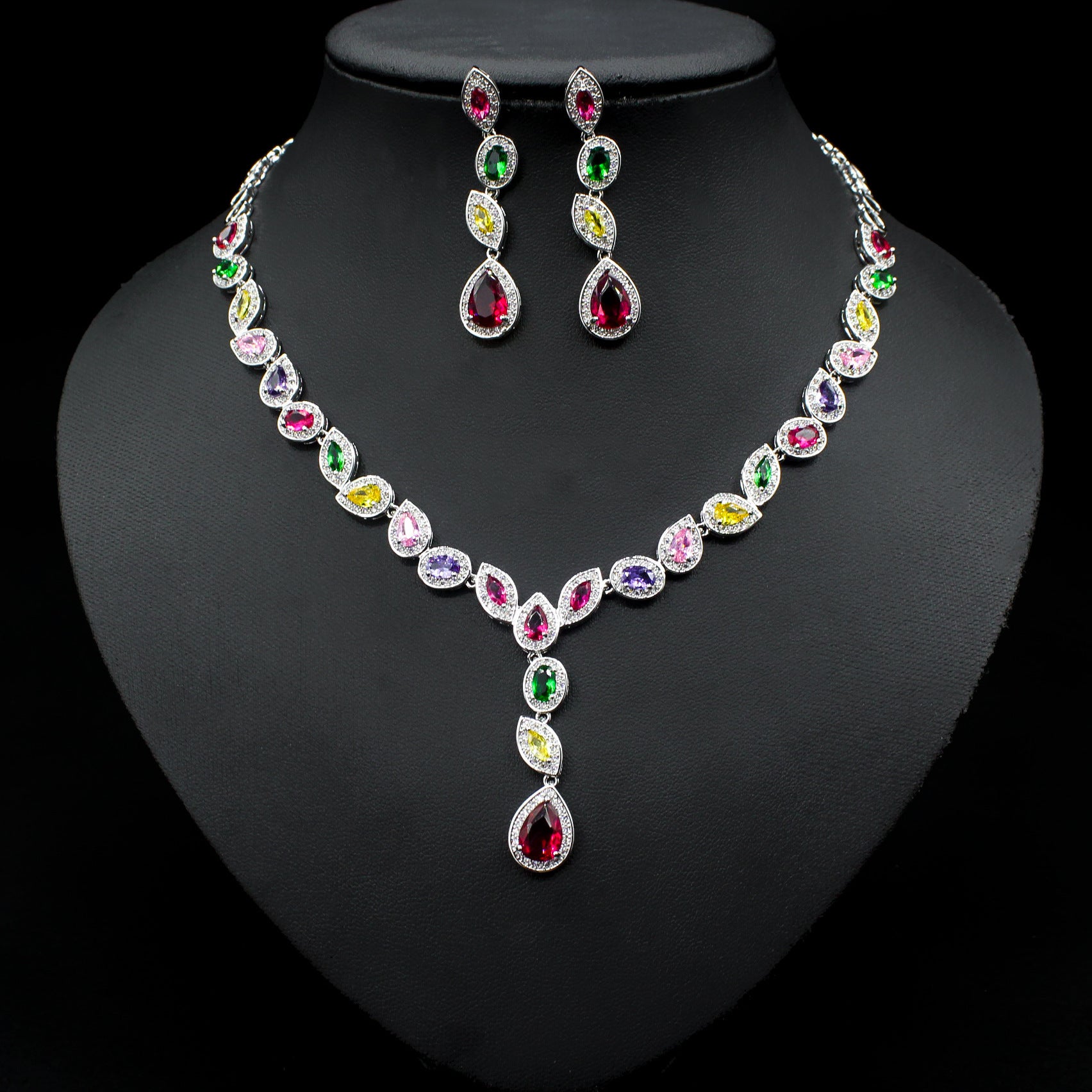 Noble Luxury Women’s Colorful Zircon Necklace and Earrings Three-Piece Set with Clavicle Chain