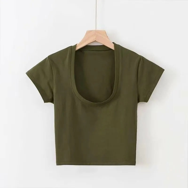 Summer Solid Color U-Neck Slim Fit T-Shirt – Korean Style Short Sleeve Crop Top for Women