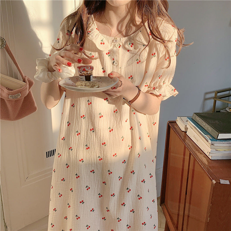 Cute Little Cherry Casual Loungewear Dress Doll Collar Nightdress