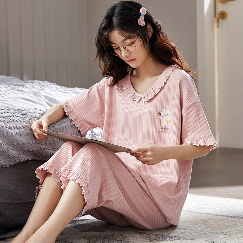 Women's Casual Cotton Short Sleeve Cropped Pants Loungewear Set