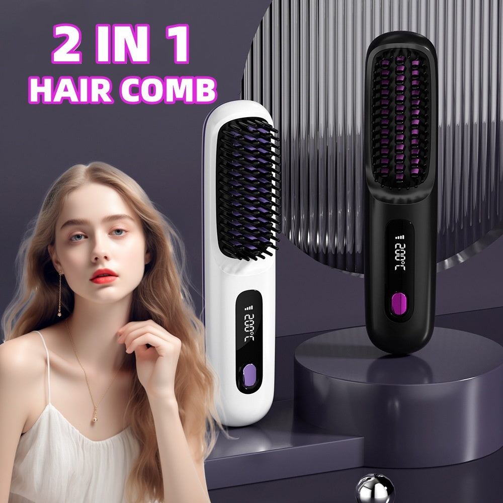 2-in-1 Wireless Hair Straightener Brush and Curler USB Rechargeable Fast Heating Comb