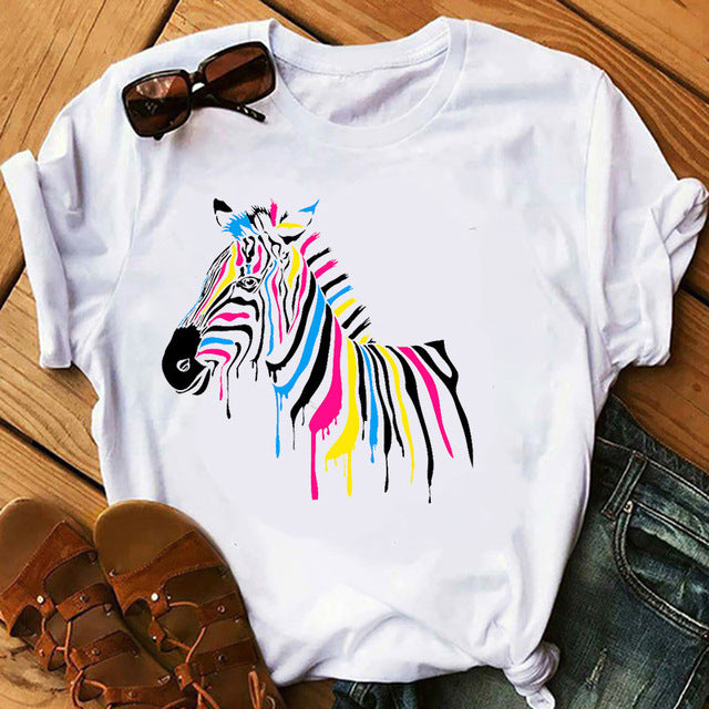 Women's Printed Short Sleeve Polyester Loose Tee