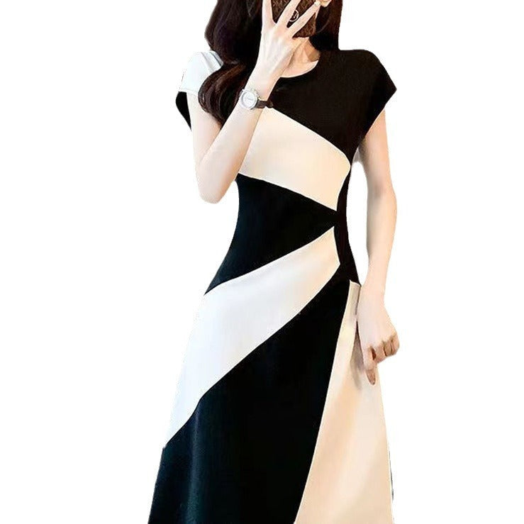 Women's A Line Polyester Dress With Black White Stitching