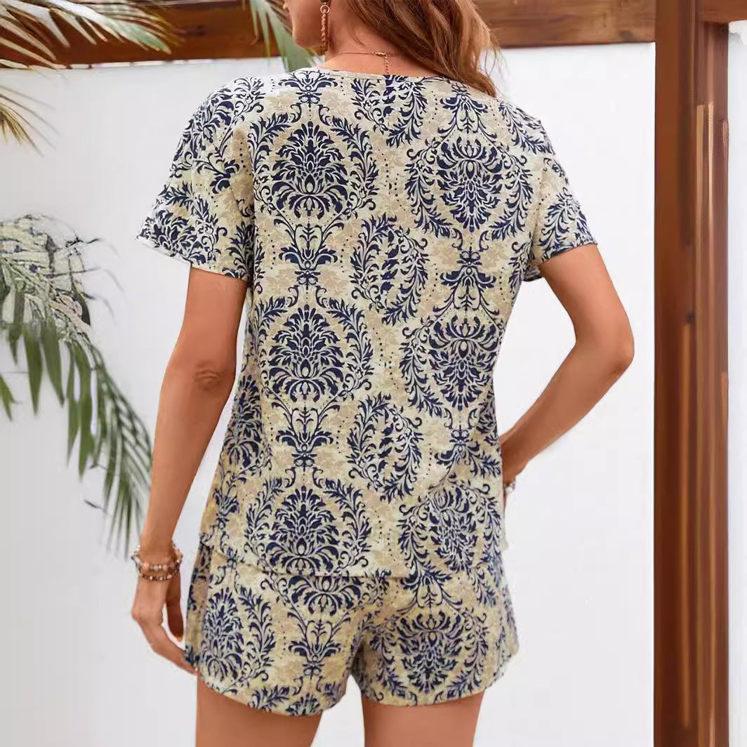 Loose Printed Casual Suit V-neck Short Sleeve Top Elastic Waist Shorts
