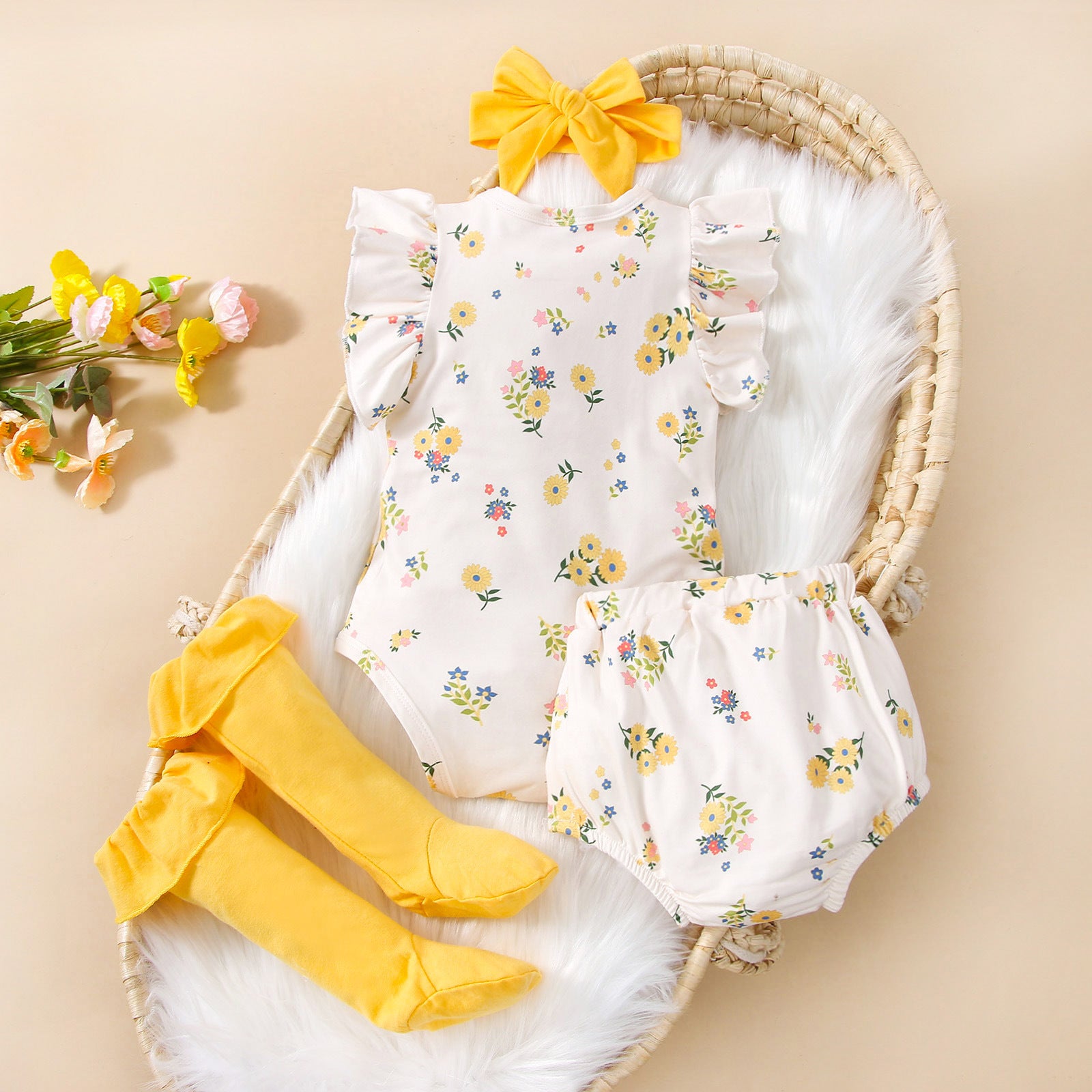 Ins Style Baby Clothing Four-piece Set With Floral Flying Sleeves