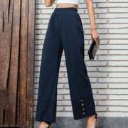 High Waist Straight Leg Pants – Women’s Button Detail Polyester Spandex Trousers