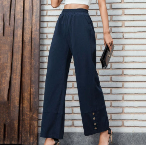 High Waist Straight Leg Pants – Women’s Button Detail Polyester Spandex Trousers