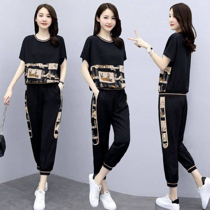 Women’s Plus Size Fashion Sports Two-Piece Set – Short Sleeve Top and Pants