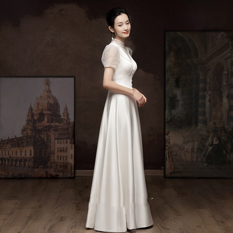 Elegant White French Satin Light Engagement and Wedding Dress for Women
