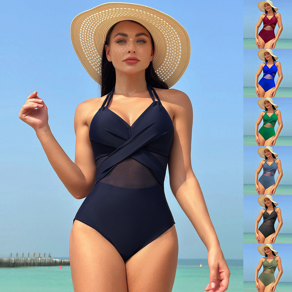Women’s Mesh Cross-Strap One-Piece Swimsuit – Summer Beach
