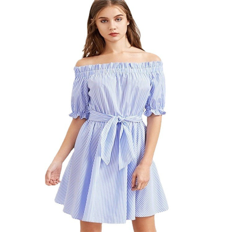 Women's Off Neck Striped Cotton Blend A Line Midi Dress