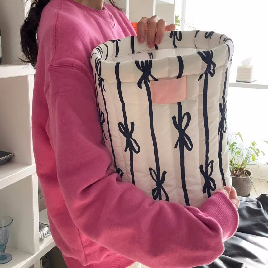 Bow Quilted Fabric Round Storage Basket