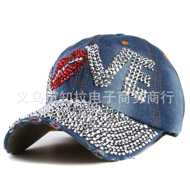 Trendy LOVE Diamond Washed Denim Hat Ladies