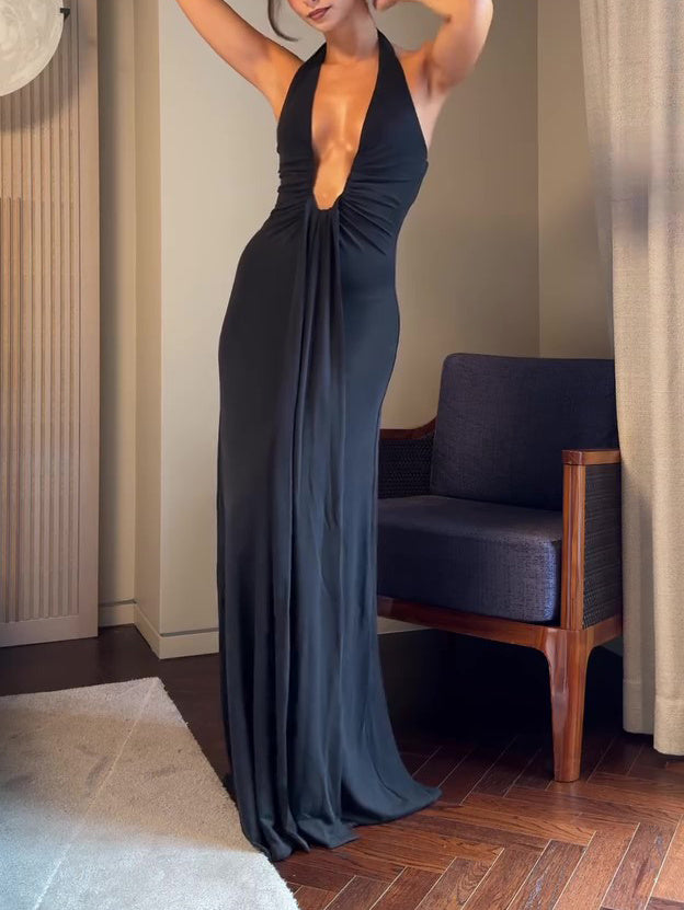 Women's Deep V Pleated Maxi Dress Slim Fit Polyester