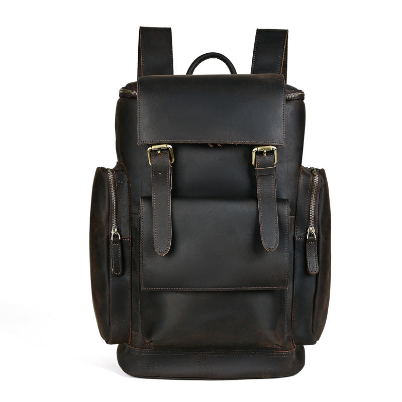 Mens Crazy Horse Leather Backpack Solid Color Cowhide Bag