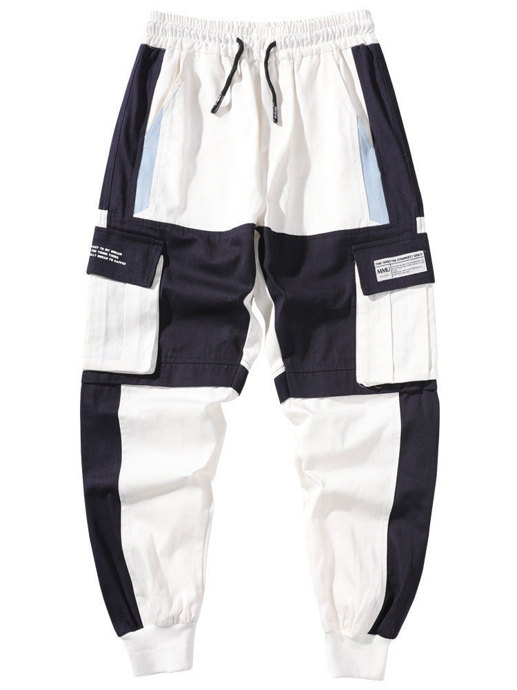 Men’s Hip-Hop Contrast Stitch Drawstring Cargo Pants – Streetwear Style