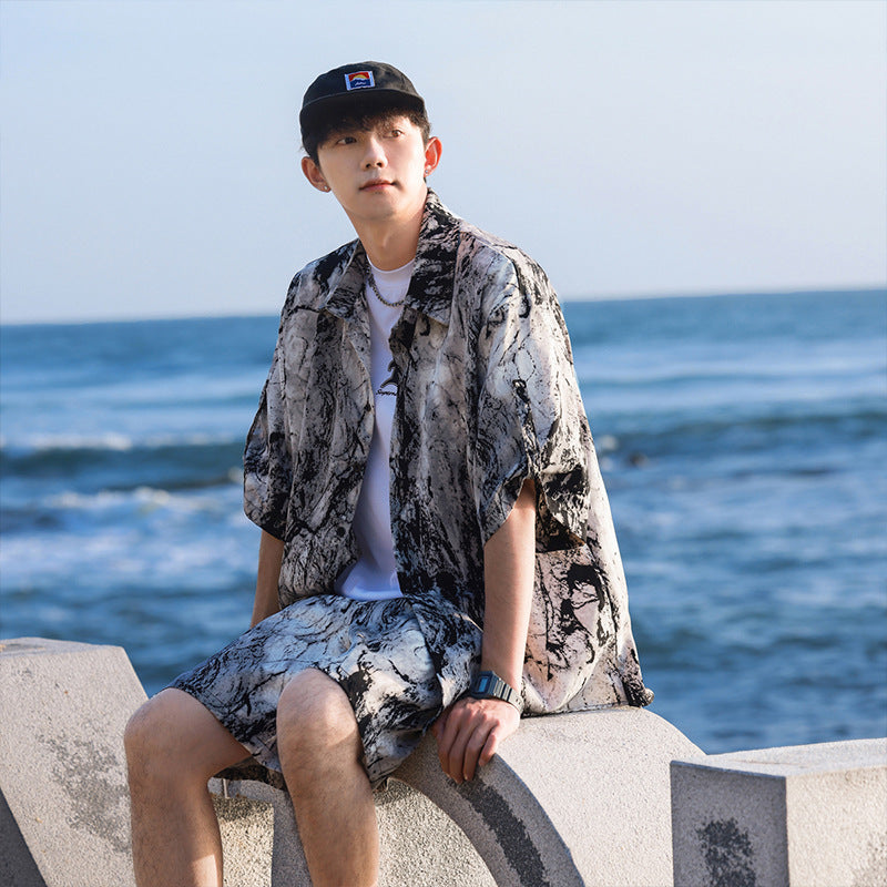 Ice Silk Tie-dye Sports Suit Men's Short-sleeve Shirt Beach Shorts Two-piece Set