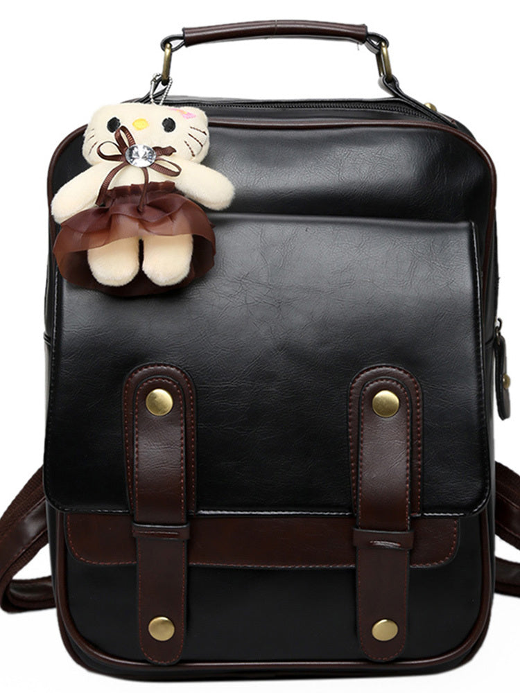 Women's PU Leather Backpack Retro Plain Campus Style