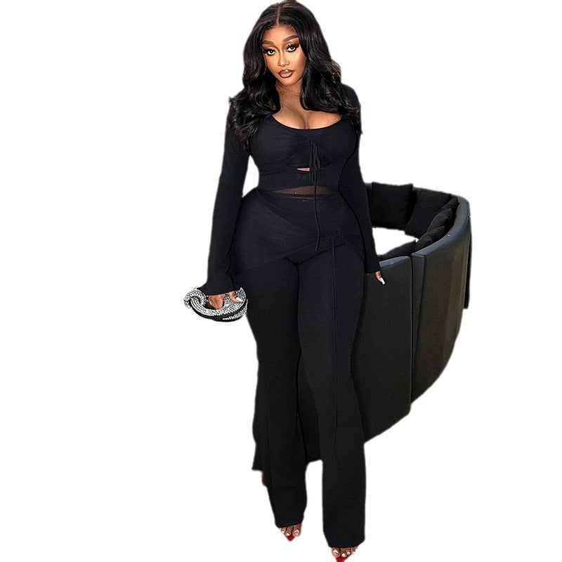 Women's Solid Color Casual Mesh Stitching Long Sleeves Top And Trousers Suit