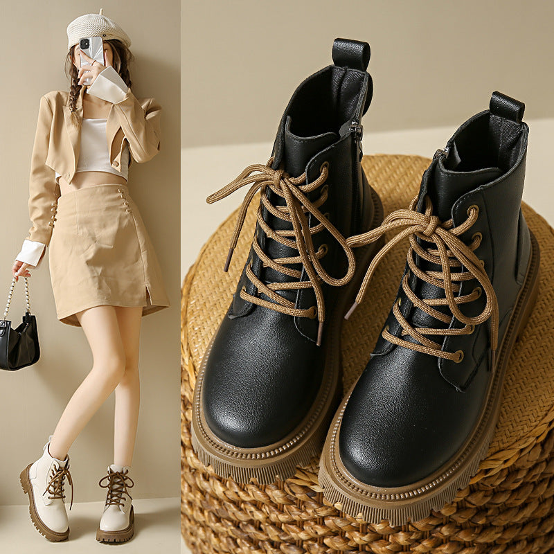 Womens Martin Boots Rubber PU Mid Heel Solid Beige Winter