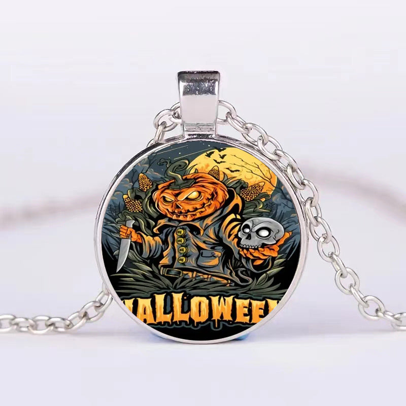 Halloween Pumpkin Ghost Bat Necklace – Round Clavicle Pendant Jewelry for Men and Women