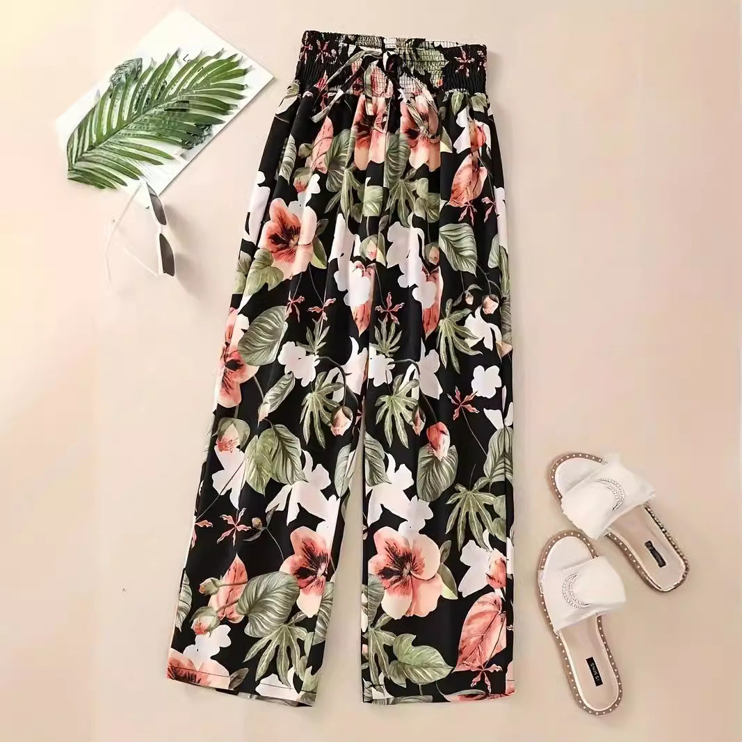 Floral Lace-Up Wide Leg Pants – Women’s Vacation Style Elastic Waist Trousers