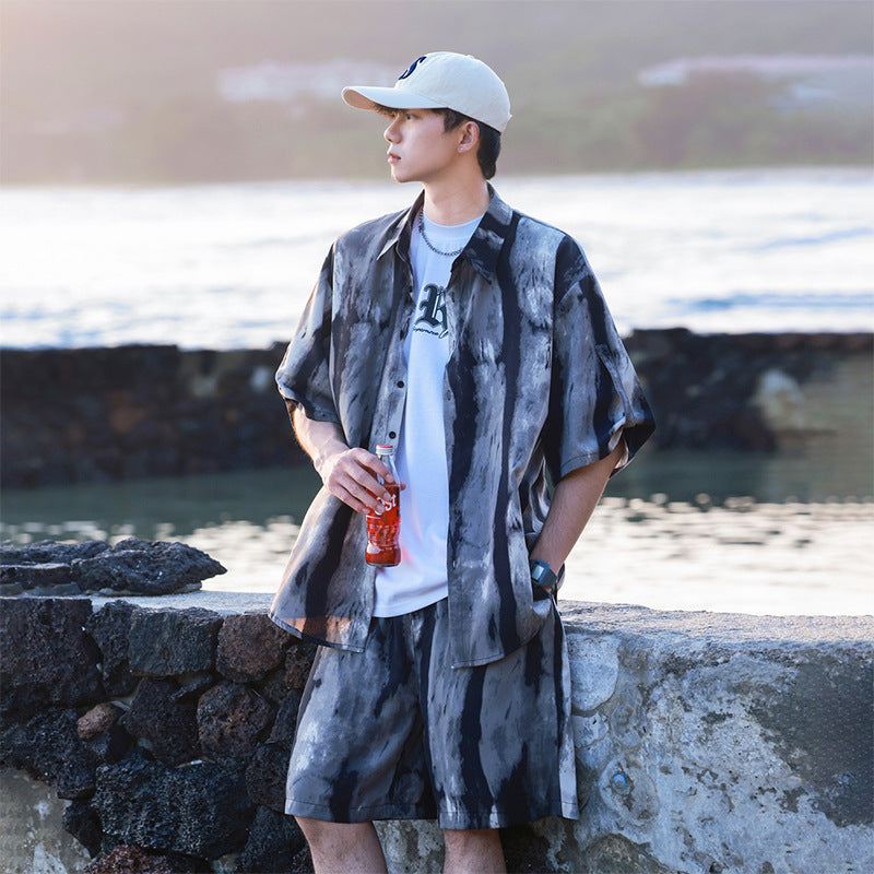 Ice Silk Tie-dye Sports Suit Men's Short-sleeve Shirt Beach Shorts Two-piece Set