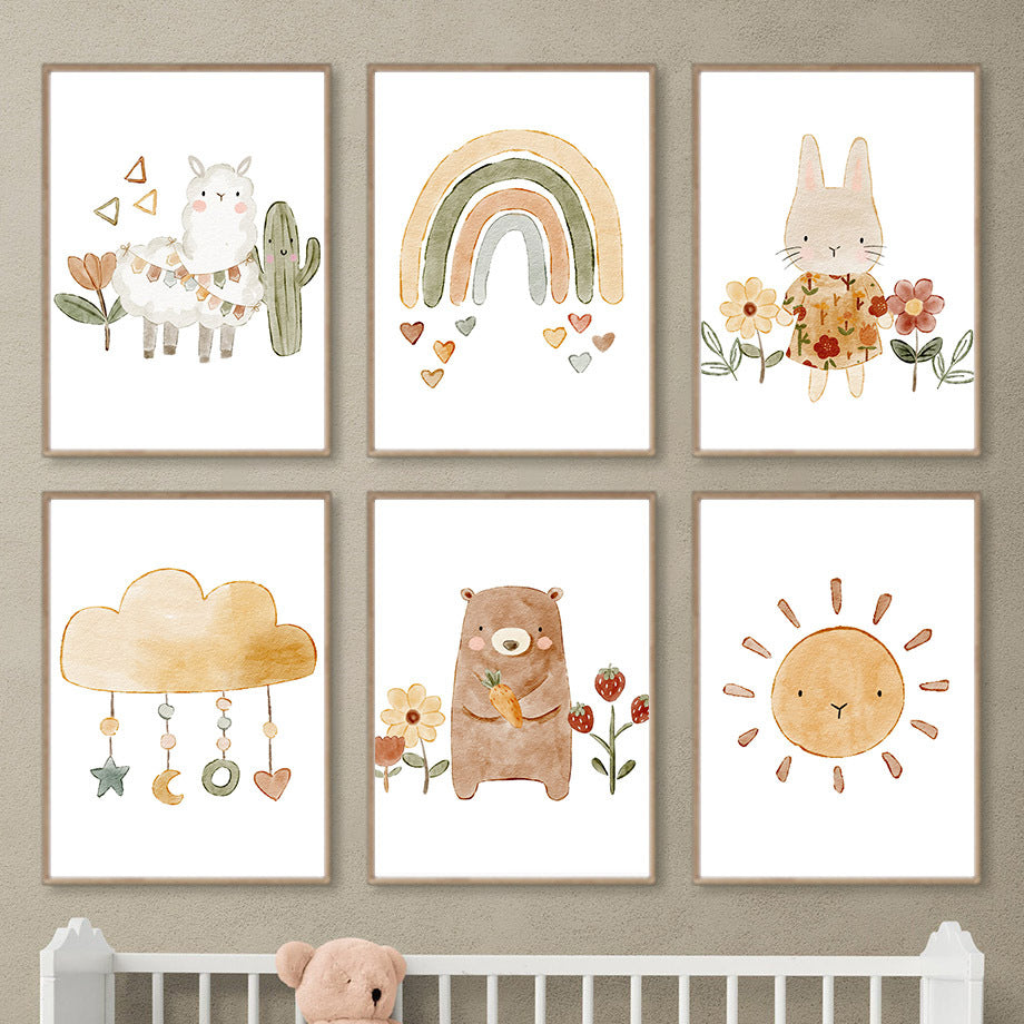 Bohemian Nursery Wall Art – Cartoon Bear, Rabbit, Alpaca, Rainbow & Sun Canvas Painting