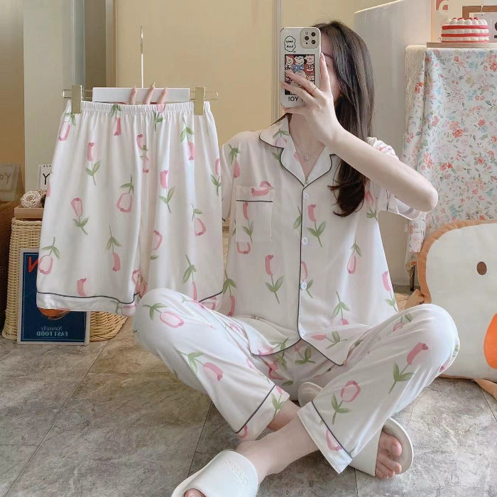 Women's Fruit Print Milk Silk Pajama Set Short Sleeve