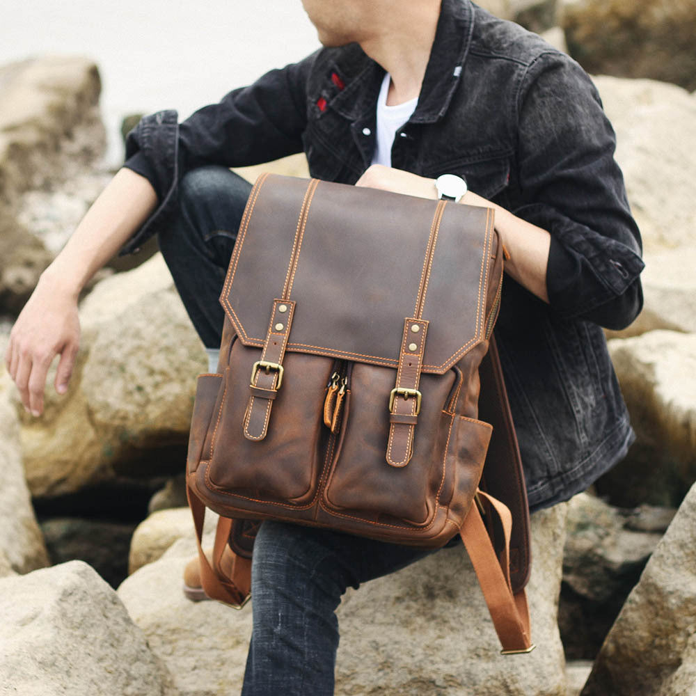 Unisex Vintage Leather Backpack Crazy Horse Style XL