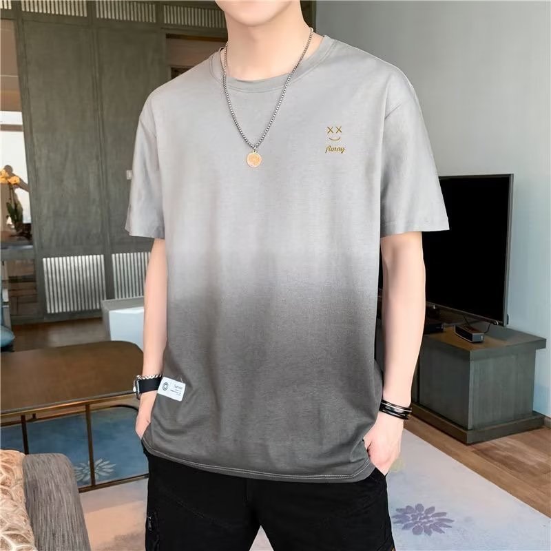 Summer Men's Gradient Color Short Sleeve Men's Casual Youth Round Neck