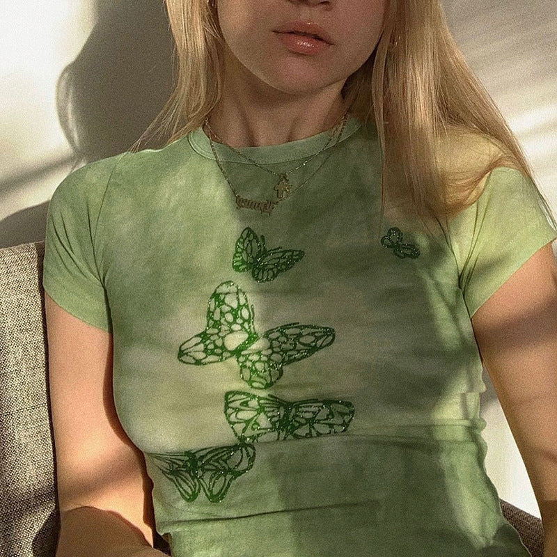 Sexy Tie-dye Butterfly Print Slim Round Neck Short T-shirt Top Women