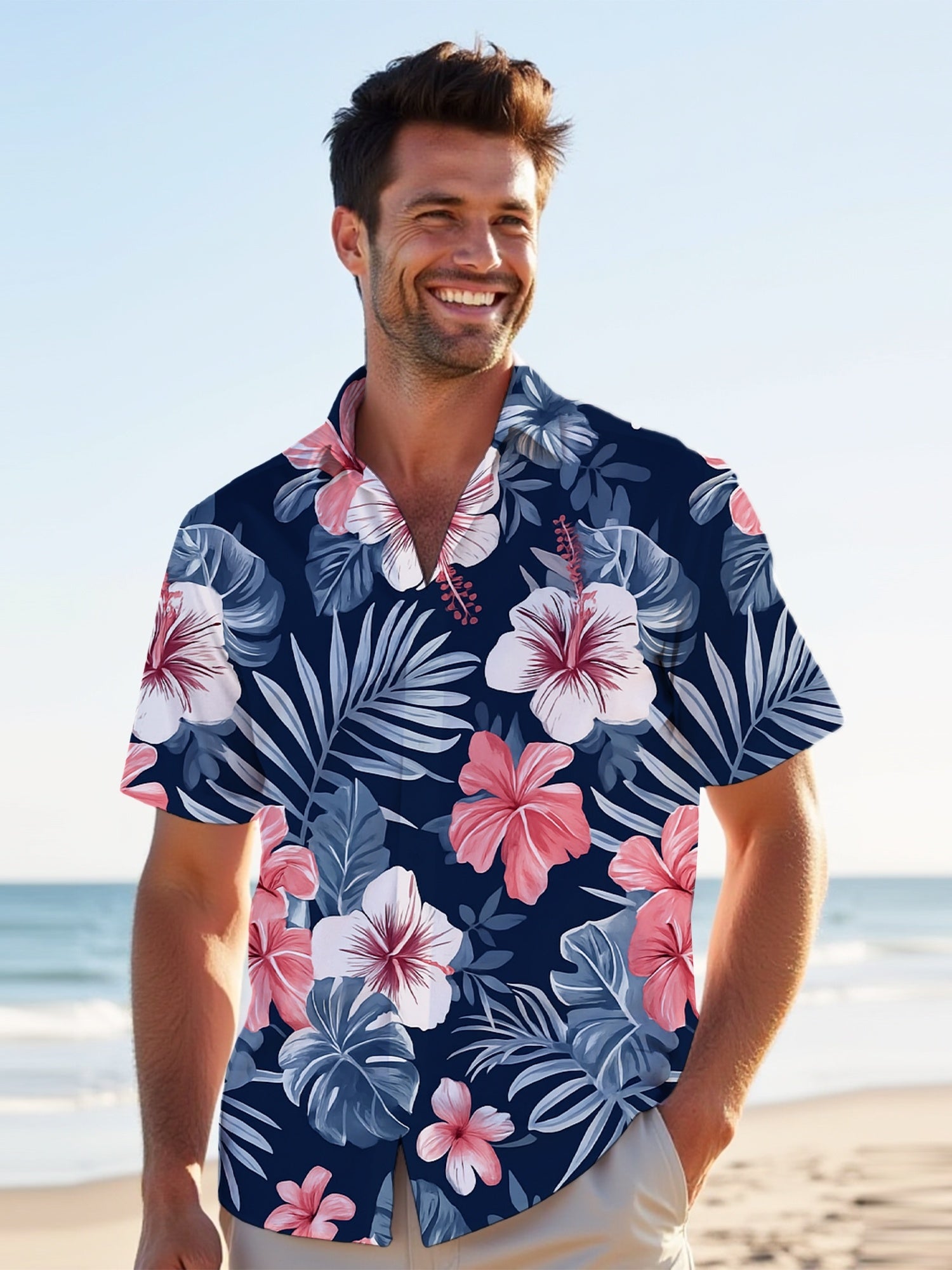 Lapel Printed Sleeve Button Men's Shirt