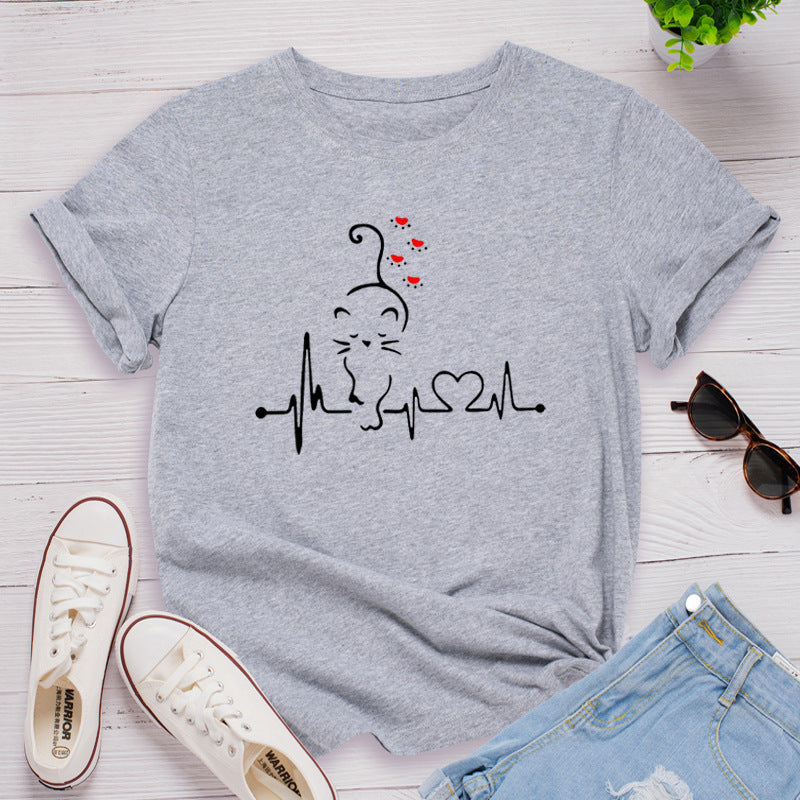 Heartbeat Pattern Printing Loose Round Neck Short Sleeve T-shirt Women