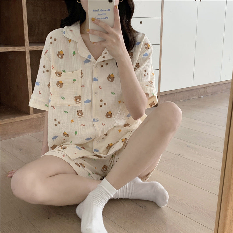 Pure Cotton Bear Head Loungewear Short Sleeve Cardigan Set