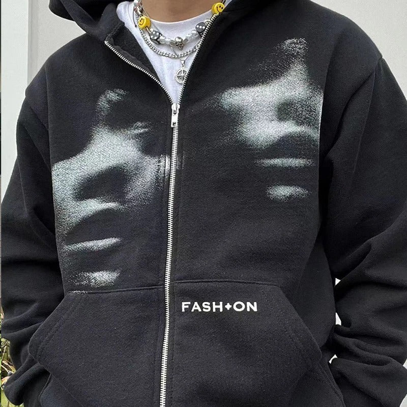 Unisex Y2K Zip Hoodie Korean Style Loose Fit Fleece