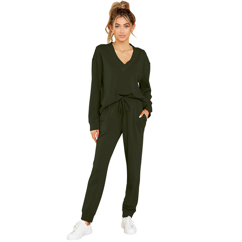Unisex V Neck Loose Polyester Lounge Suit Solid Color