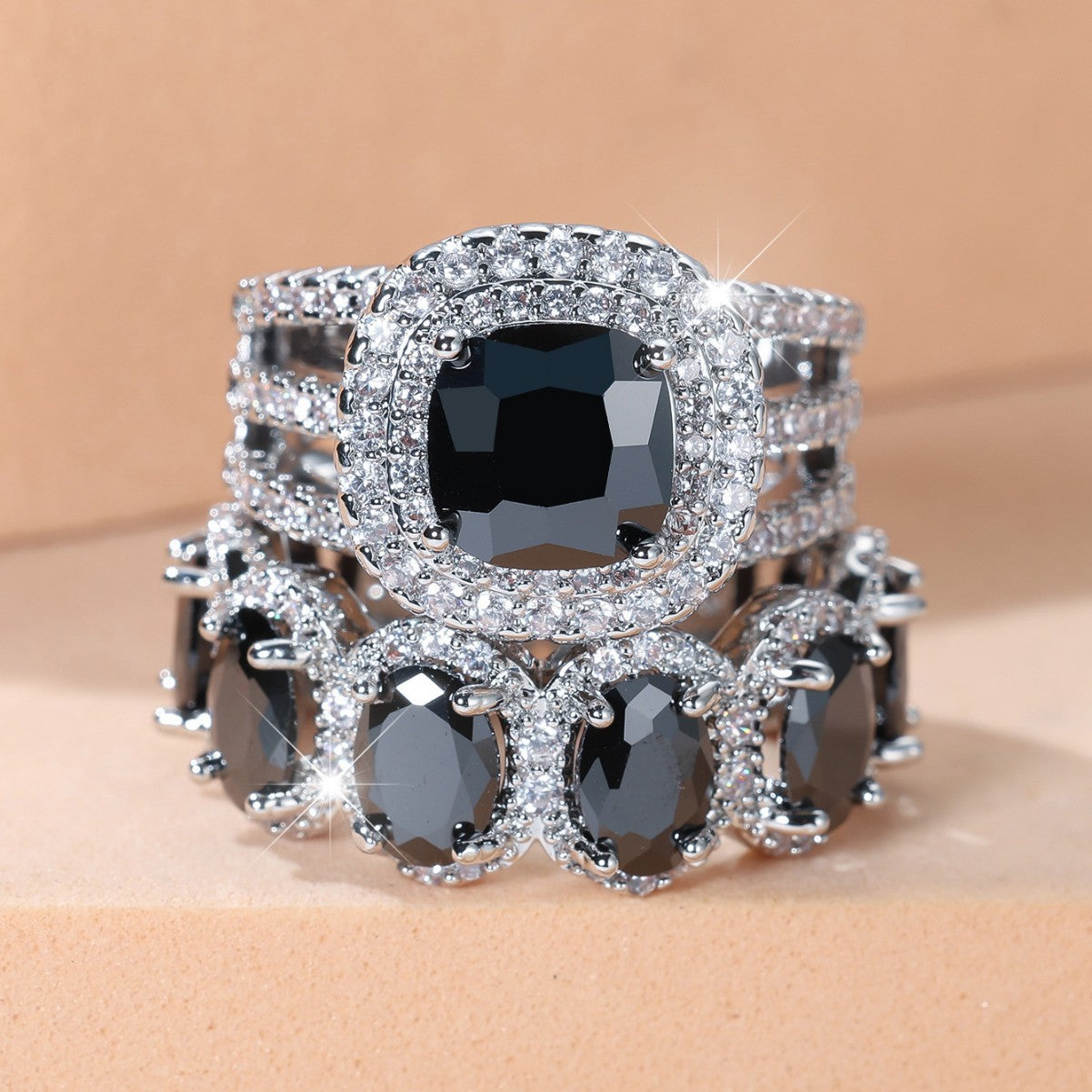 Women’s Egg-Shaped Zircon Ring Set – Platinum Plated Full Circle Design
