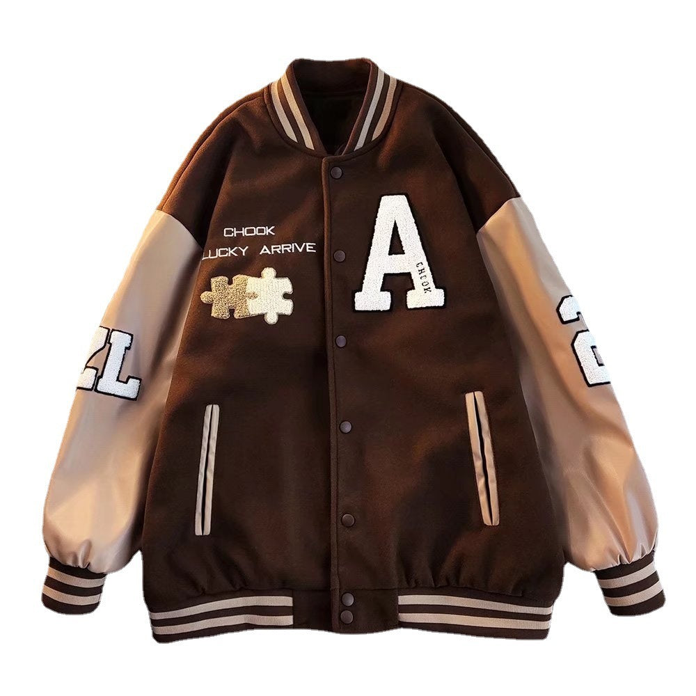 American Retro Puzzle Leather Embroidery Jacket for Men