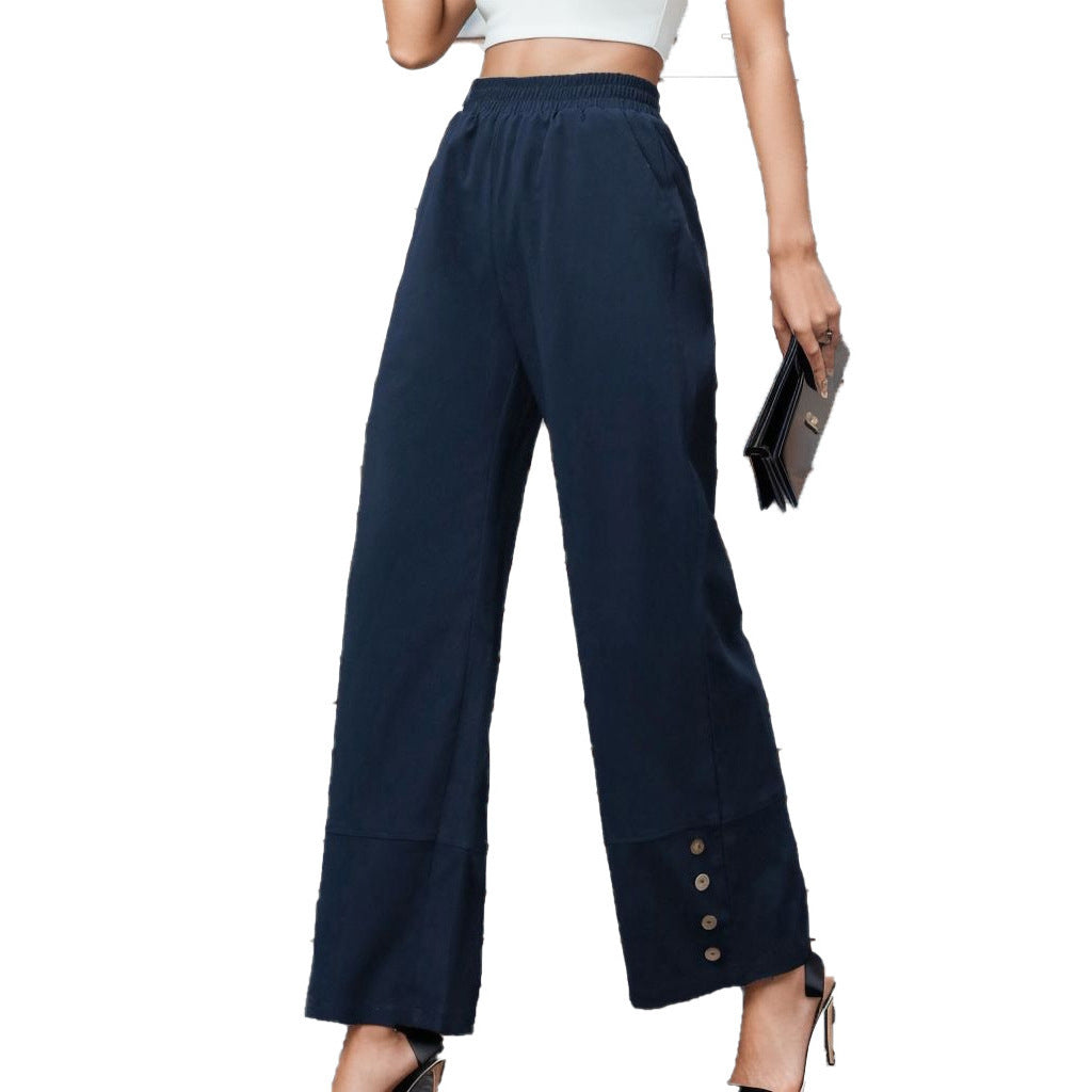 High Waist Straight Leg Pants – Women’s Button Detail Polyester Spandex Trousers