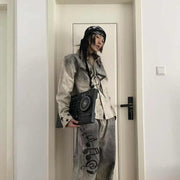 Unisex Sub Lapel Casual Jacket Distressed Cotton Printed