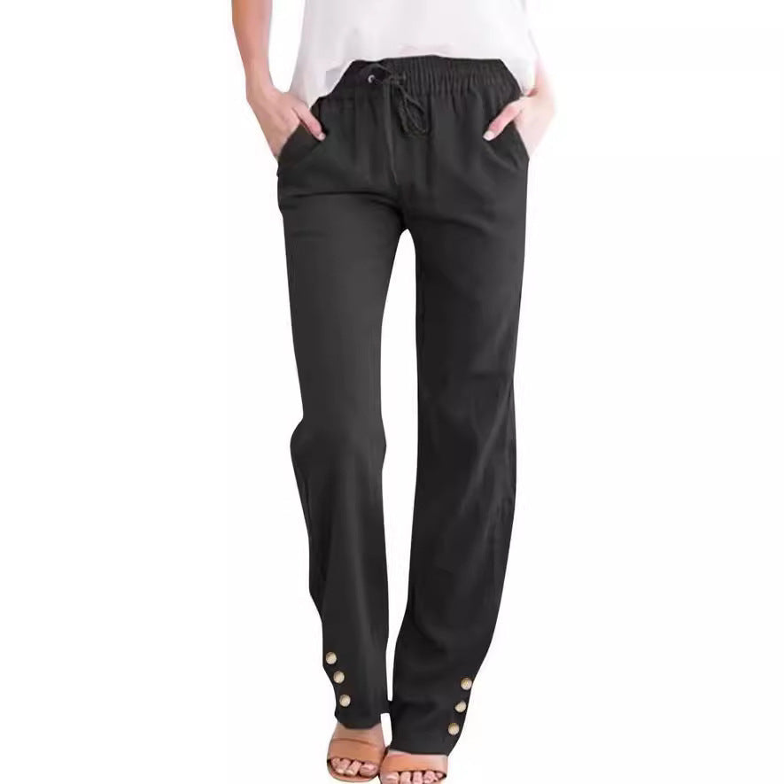 Women’s Cotton-Linen Casual Straight-Leg Pants with Straps