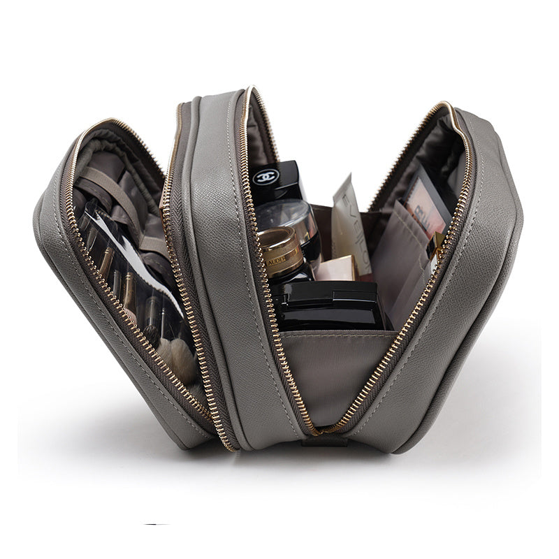 PU Leather Makeup Bag – Double Layer Storage with Mobile Phone Holder