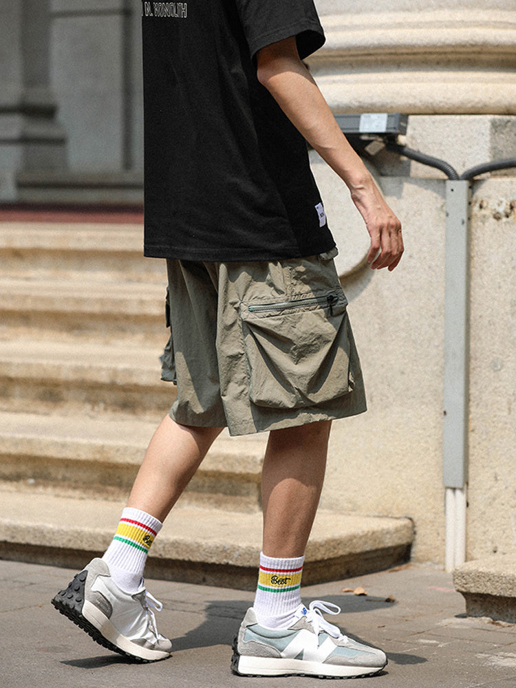 Men's Cargo Shorts Polyester Mid-Waist Solid Color Black