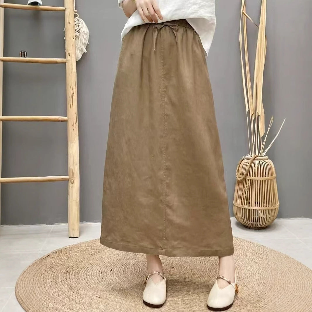Women’s Linen Long Skirt – Solid Color Elastic Waist Maxi Skirt
