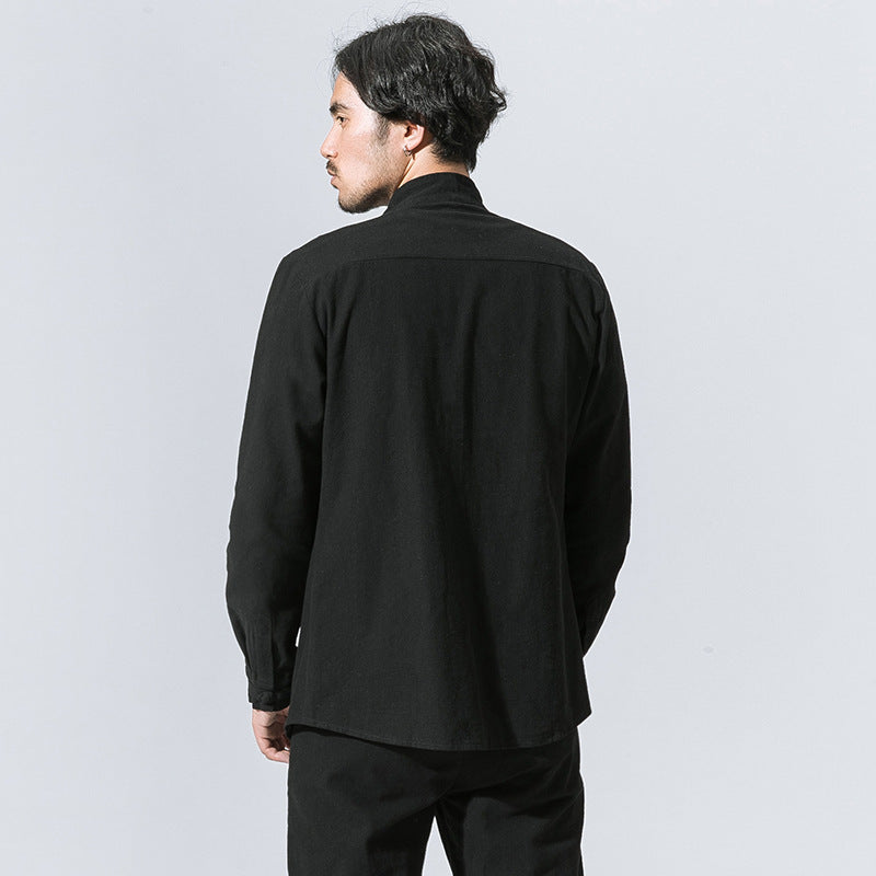 Cotton Linen Men Disc Button Long Sleeved Shirt